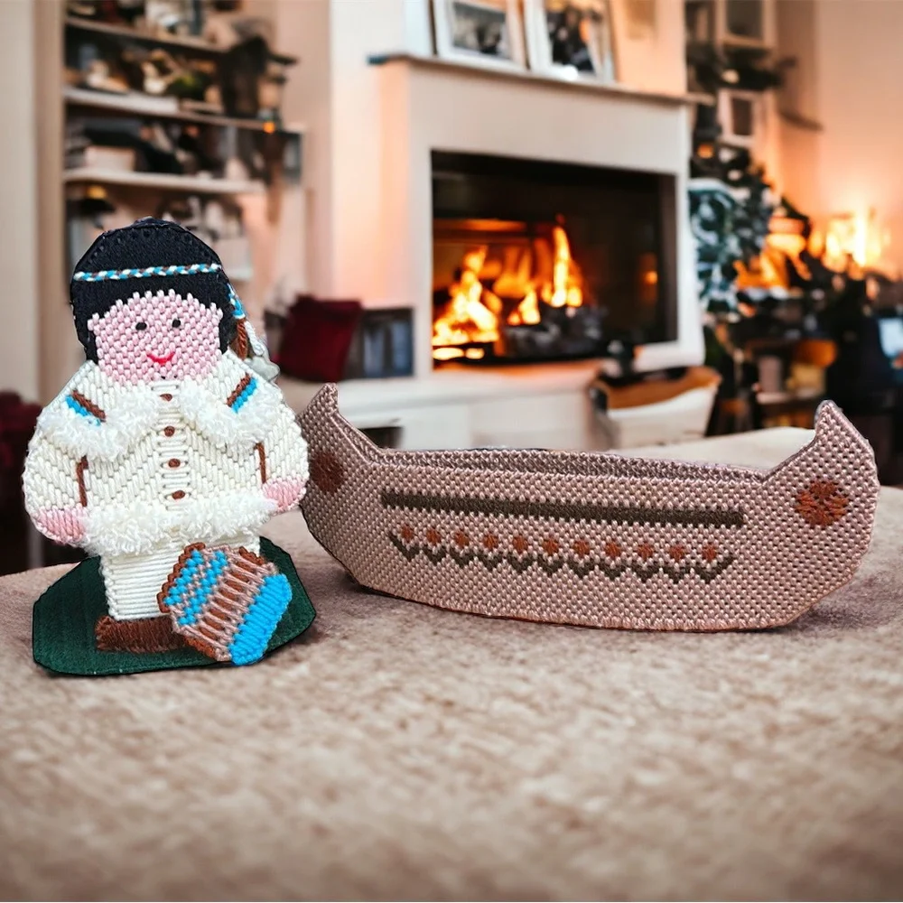 Vintage Handmade Needlepoint Thanksgiving Holiday Decor Indian w/Drum and Canoe